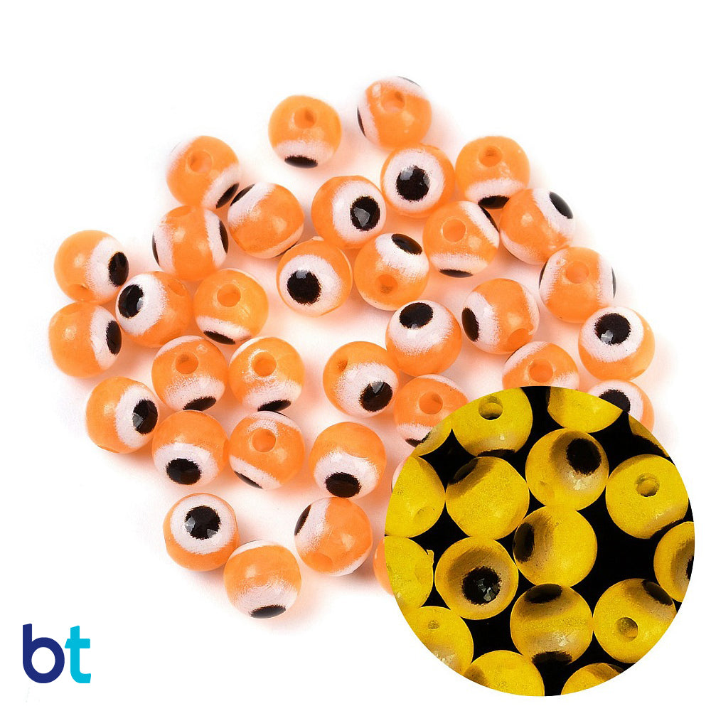 Orange Luminous 6mm Round Plastic Beads - Evil Eye Design (150pcs)