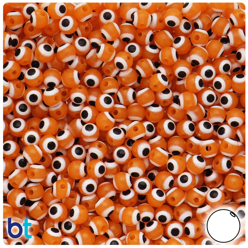 Orange Luminous 6mm Round Plastic Beads - Evil Eye Design (150pcs)