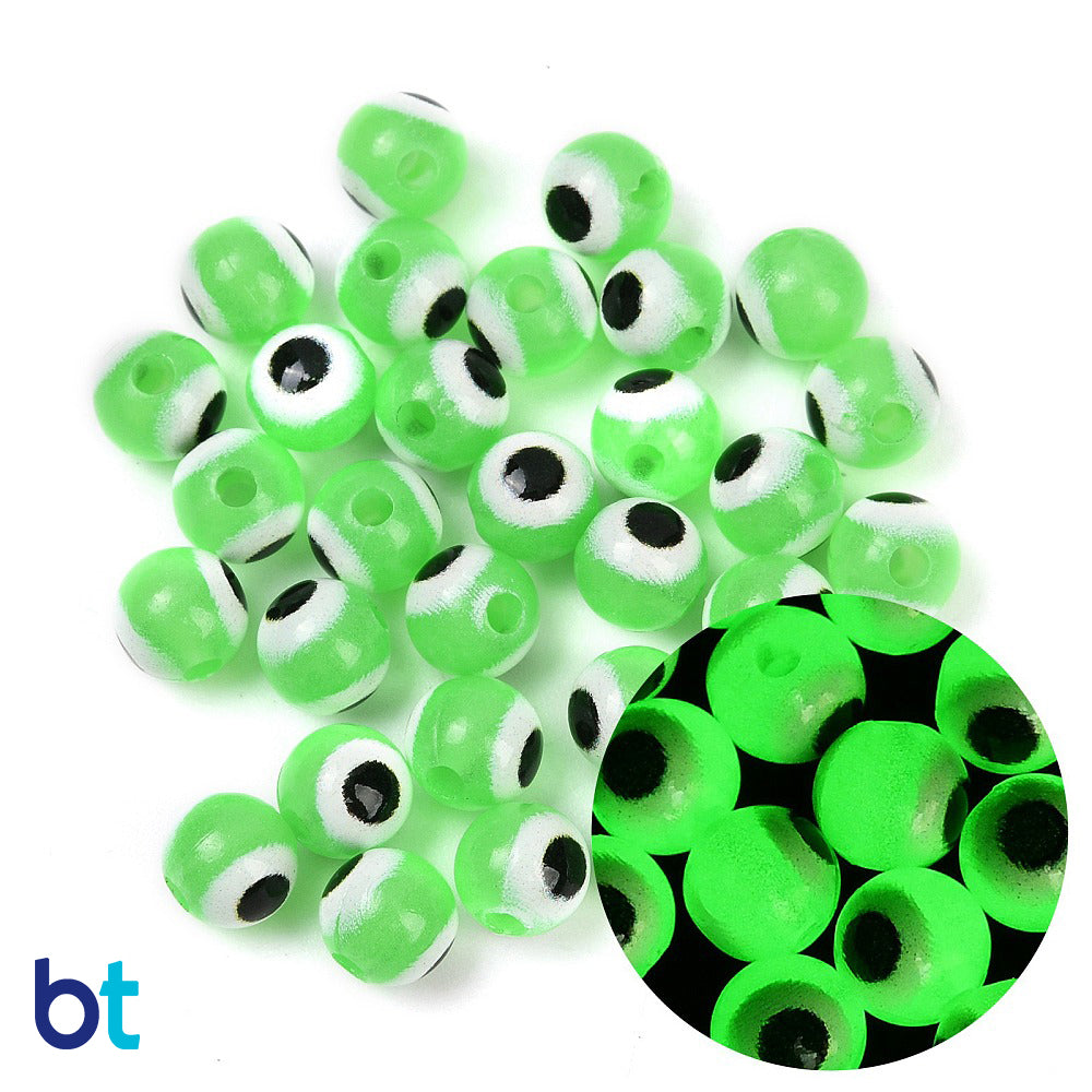 Green Luminous 6mm Round Plastic Beads - Evil Eye Design (150pcs)