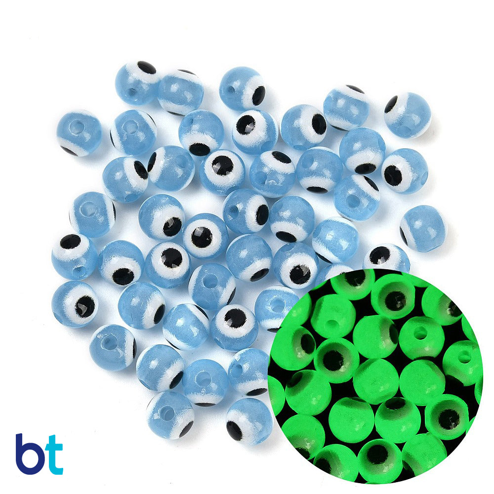 Blue Luminous 6mm Round Plastic Beads - Evil Eye Design (150pcs)