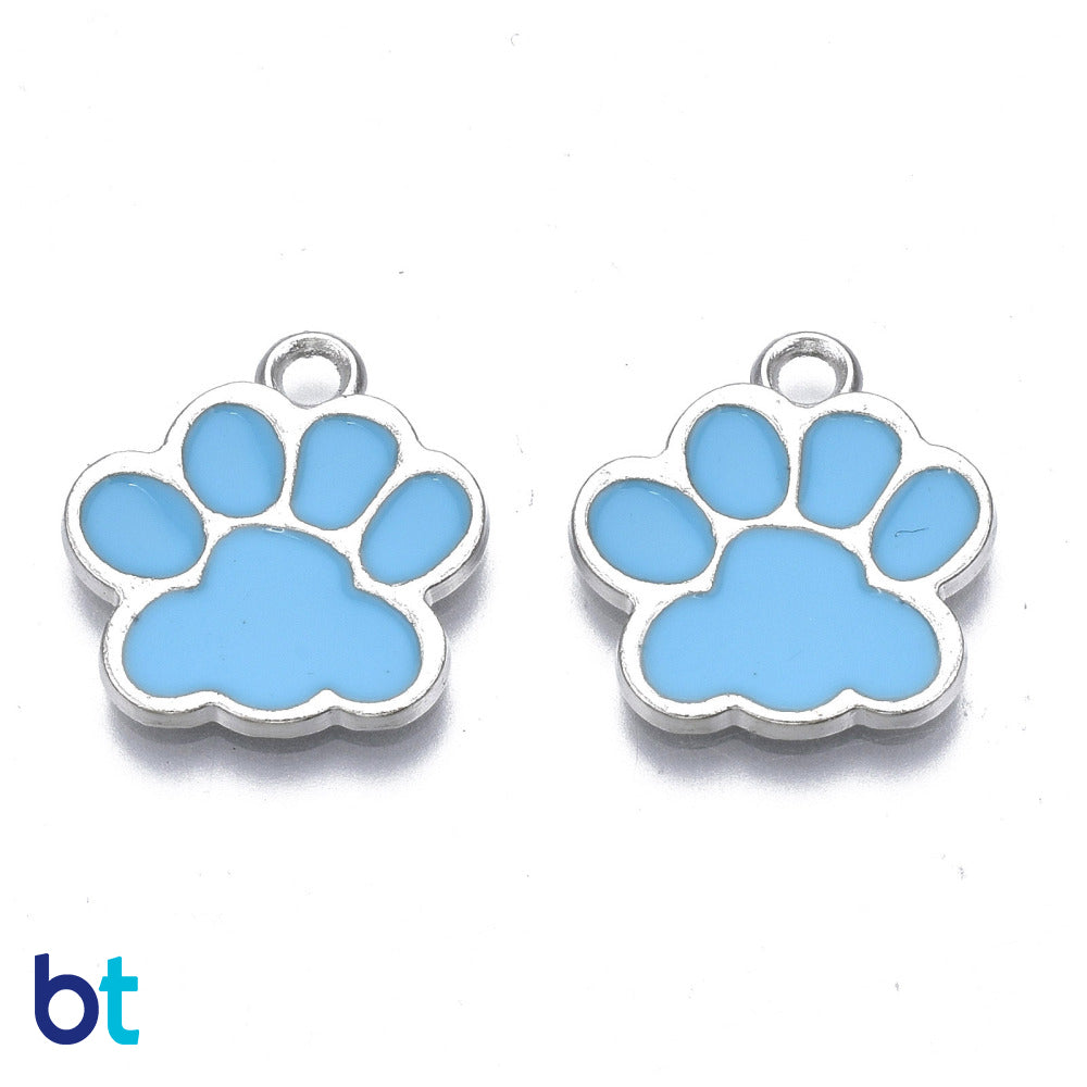 Blue Silver Tone 17mm Paw Print Metal Charms (20pcs)