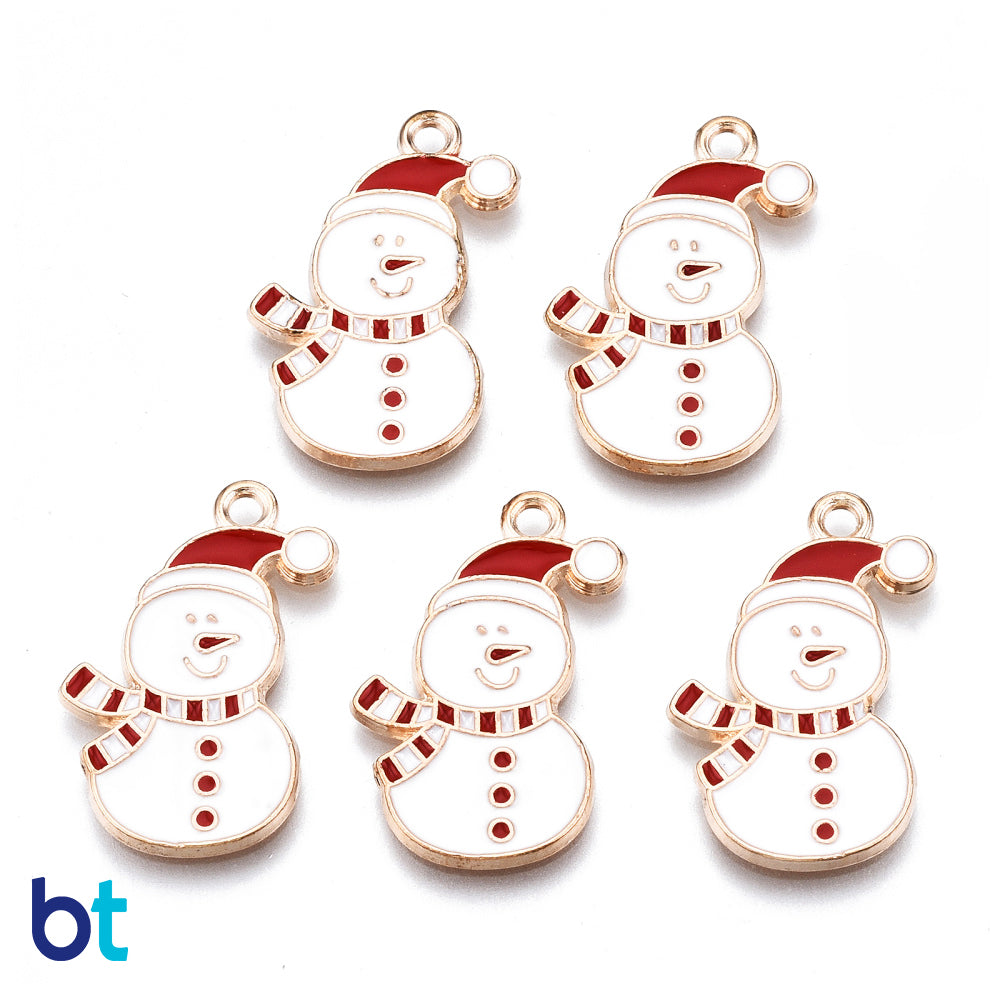 Snowman 24mm Gold Tone Metal Charms - Red/White (10pcs)