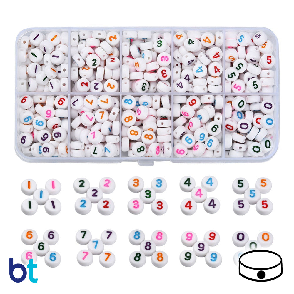 White Opaque 7mm Coin Alpha Beads - Colored Numbers (Box Set)
