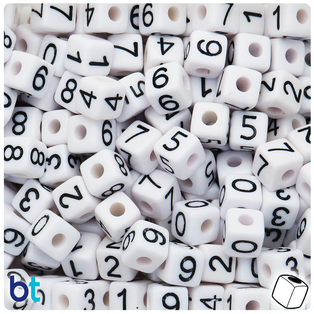 White Opaque 10mm Cube Alpha Beads - Black Number Mix (50pcs)