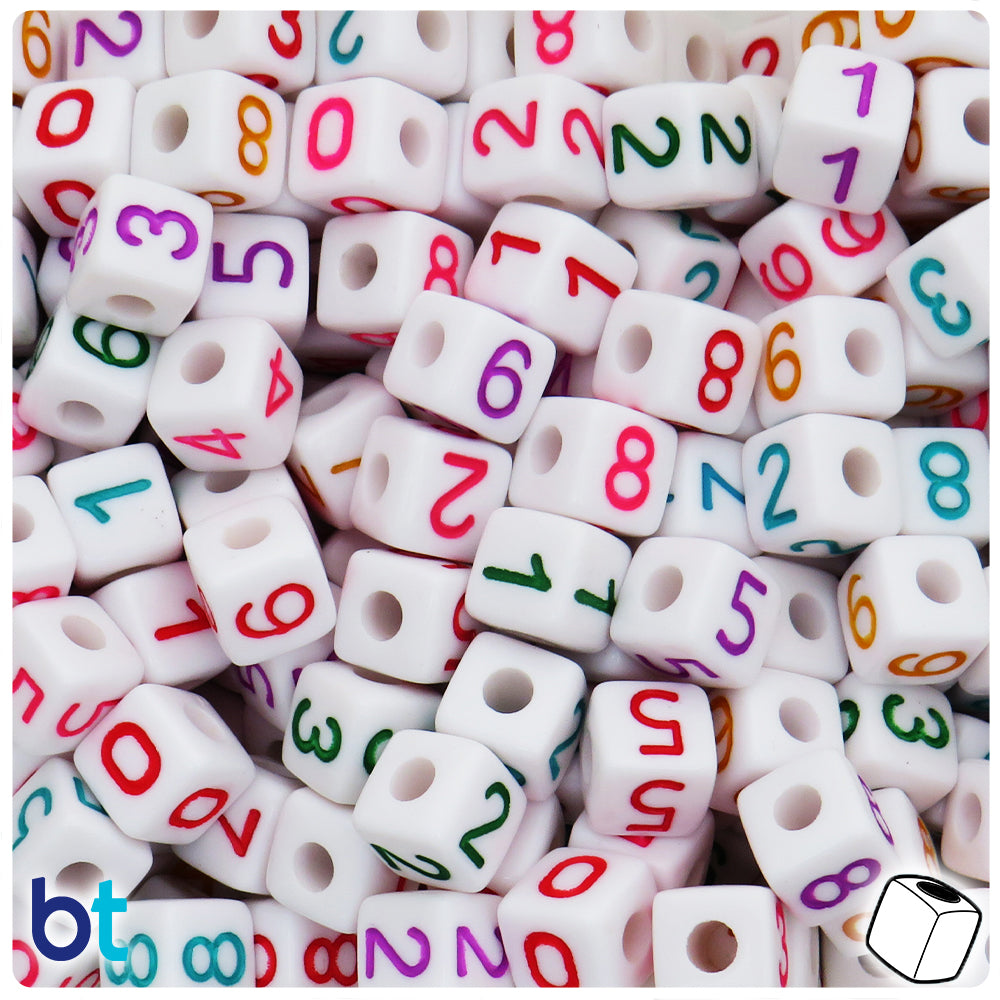 White Opaque 10mm Cube Alpha Beads - Colored Number Mix (50pcs)