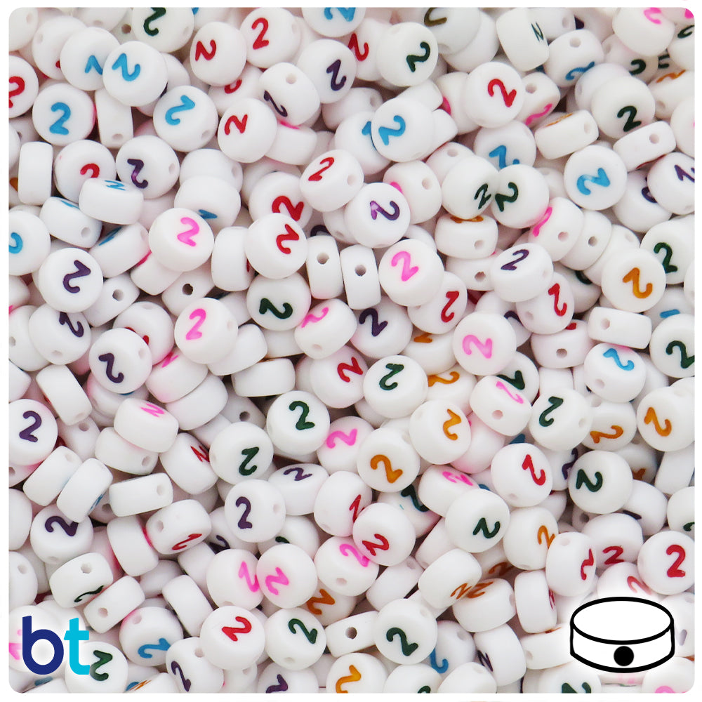 White Opaque 7mm Coin Alpha Beads - Colored Number 2 (100pcs)