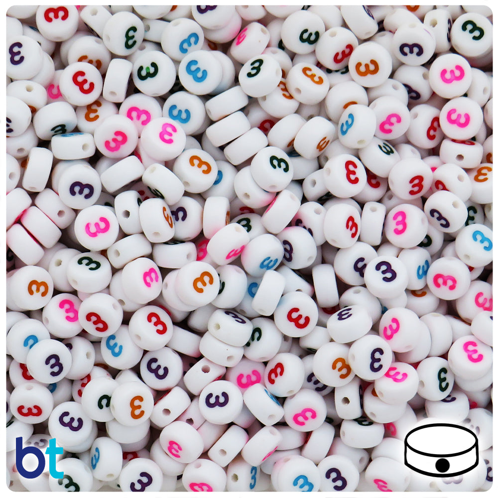 White Opaque 7mm Coin Alpha Beads - Colored Number 3 (100pcs)