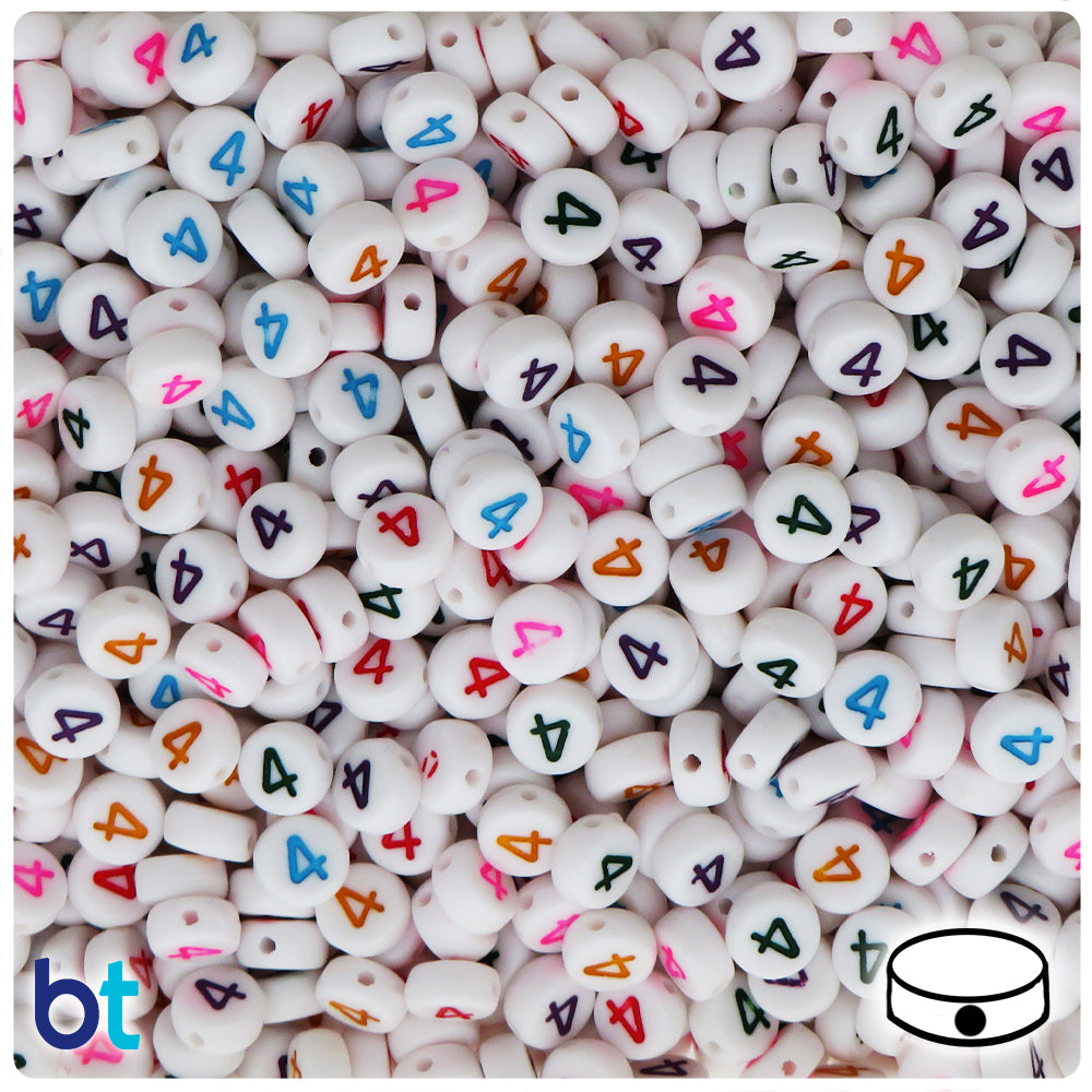 White Opaque 7mm Coin Alpha Beads - Colored Number 4 (100pcs)