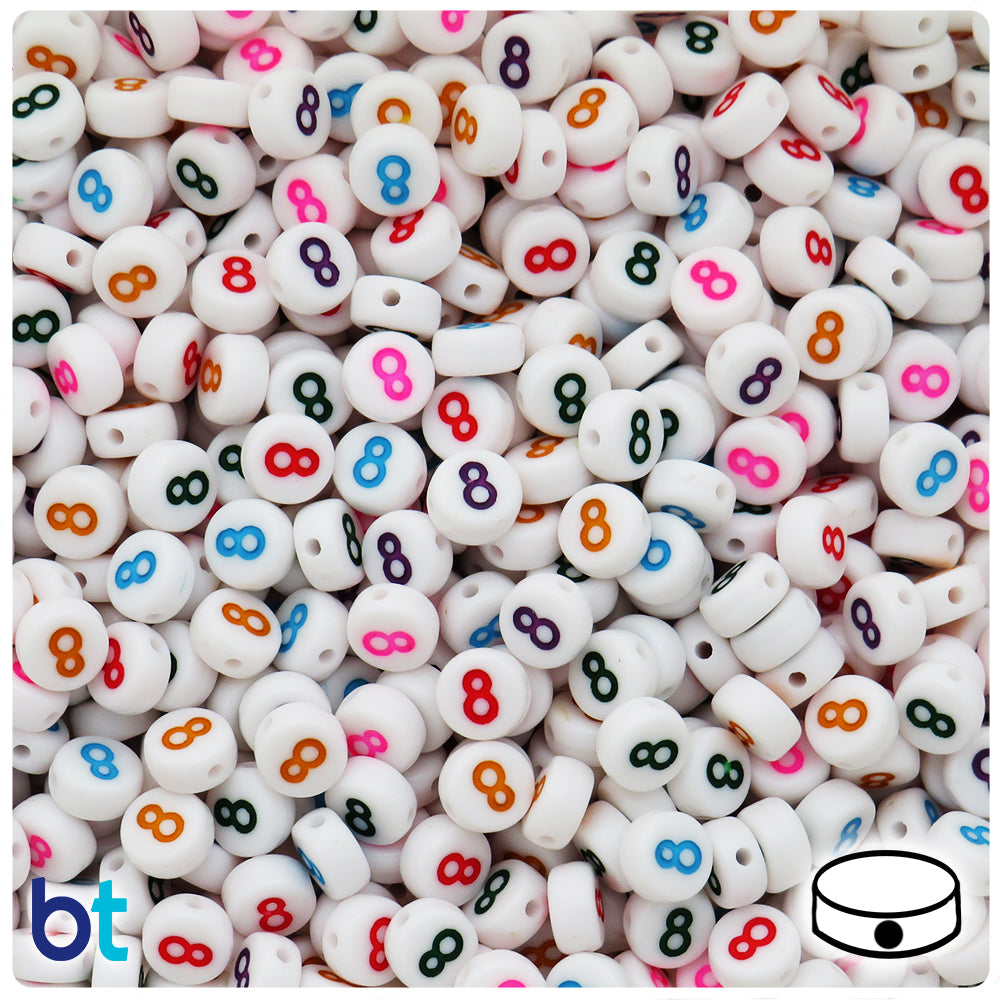 White Opaque 7mm Coin Alpha Beads - Colored Number 8 (100pcs)