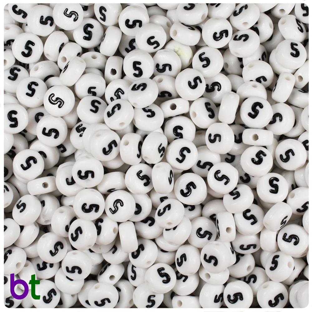 Bulk Buy - White Opaque 7mm Coin Plastic Number Beads - Black Numbers