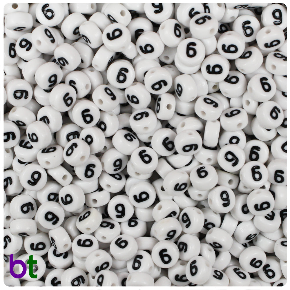 Bulk Buy - White Opaque 7mm Coin Plastic Number Beads - Black Numbers
