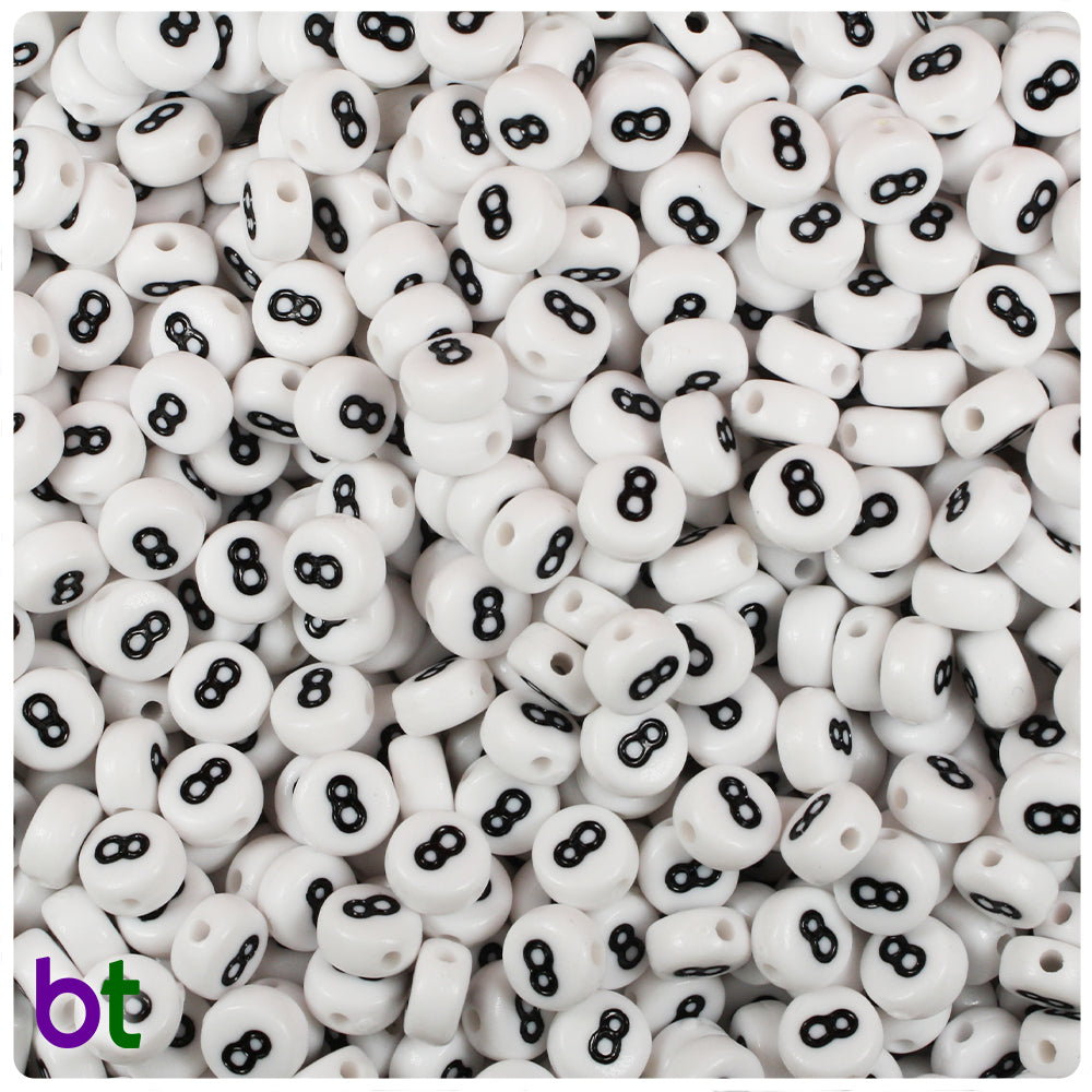 Bulk Buy - White Opaque 7mm Coin Plastic Number Beads - Black Numbers