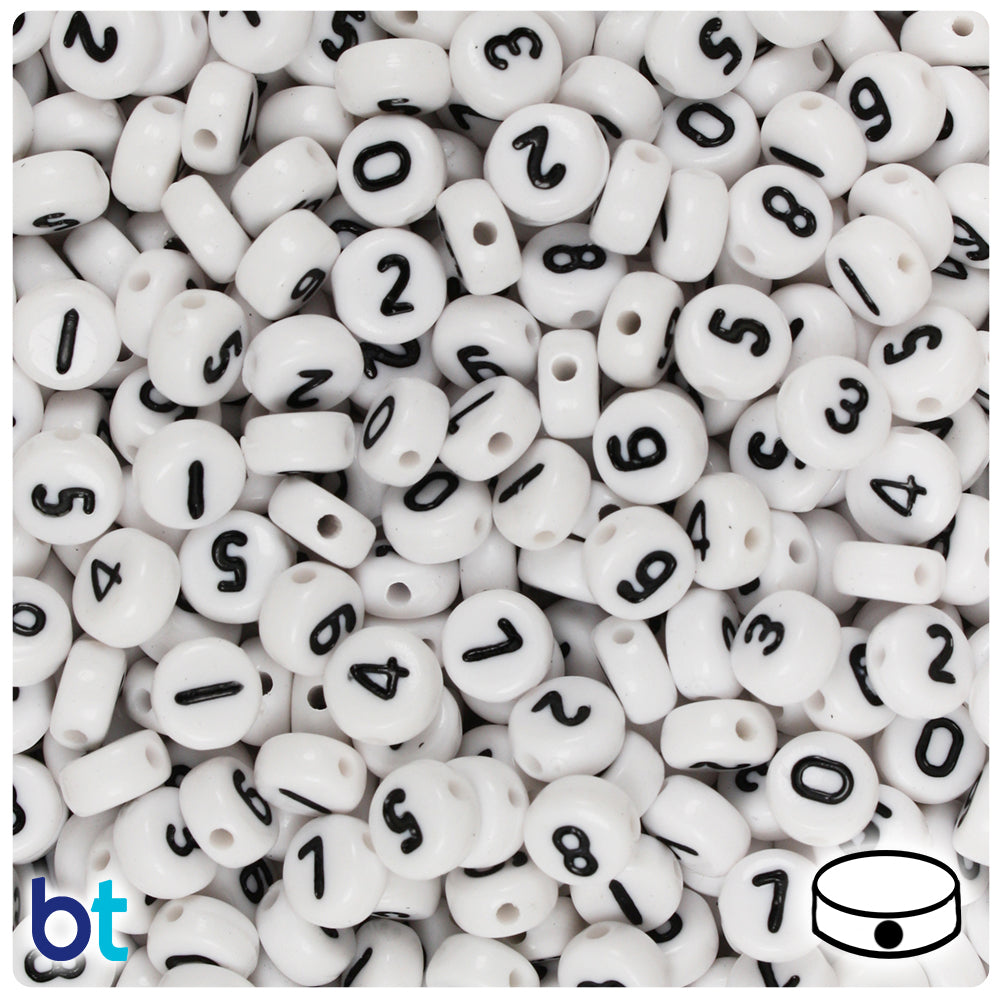 Bulk Buy - White Opaque 7mm Coin Plastic Number Beads - Black Numbers