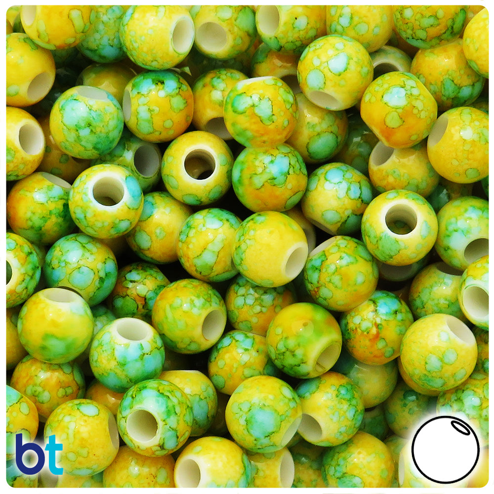 Yellow Marbled 12mm Round Plastic Pony Beads (75pcs)