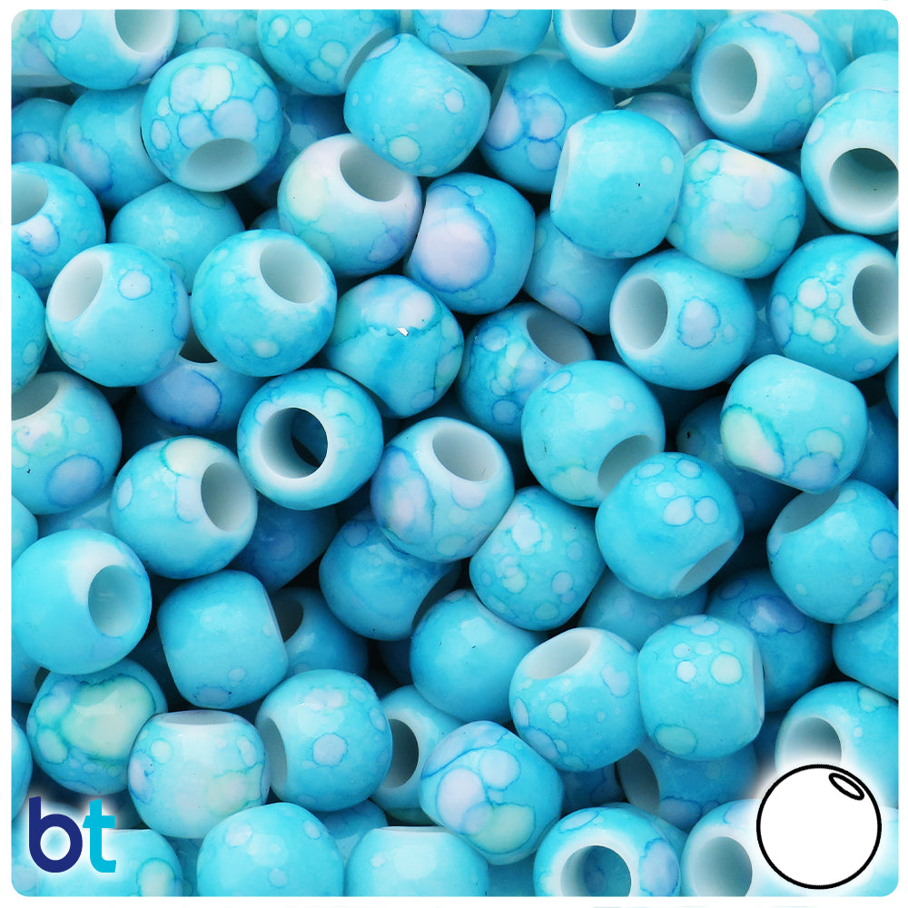 Blue Marbled 12mm Round Plastic Pony Beads (75pcs)