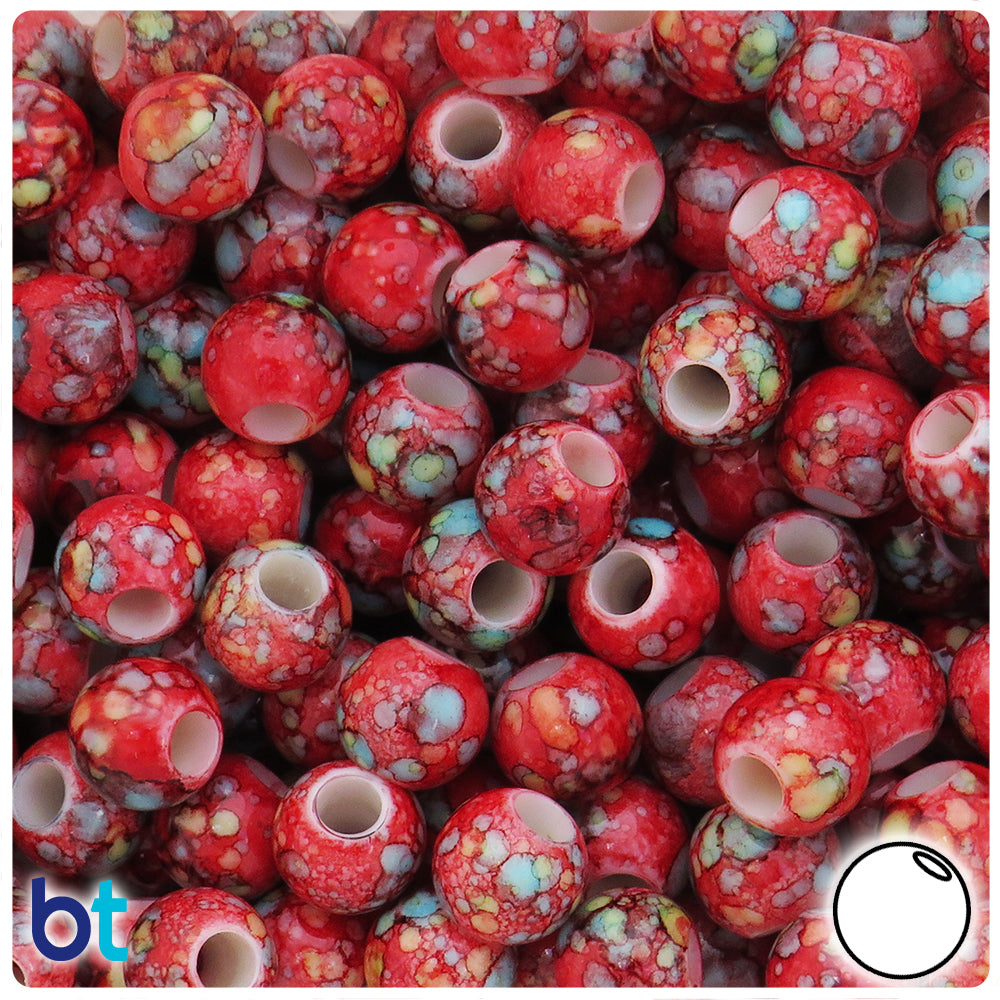 Red Marbled 12mm Round Plastic Pony Beads (75pcs)
