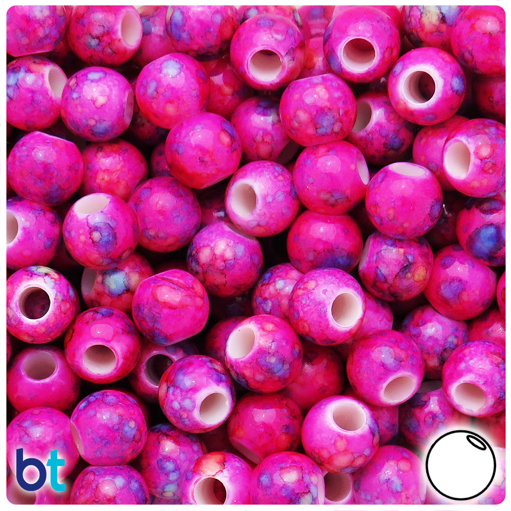 Pink Marbled 12mm Round Plastic Pony Beads (75pcs)