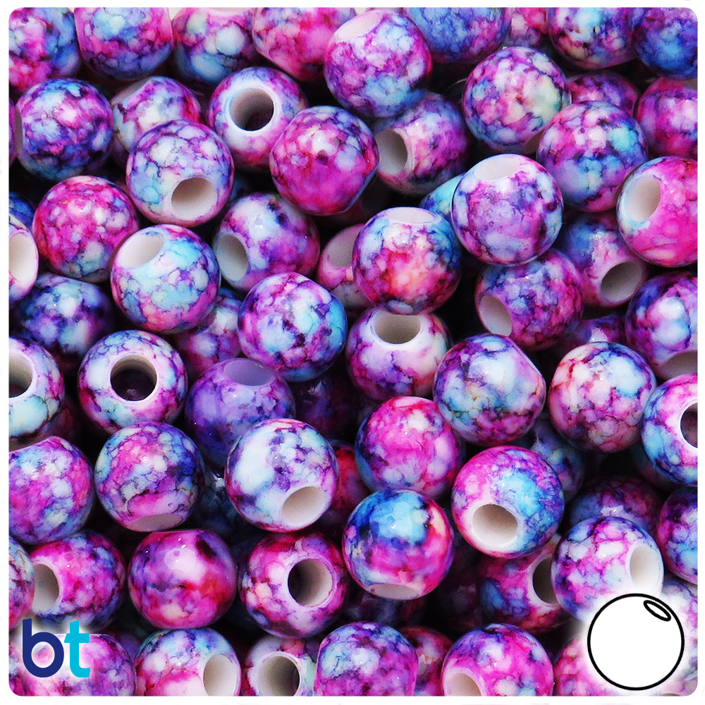 Purple Marbled 12mm Round Plastic Pony Beads (75pcs)