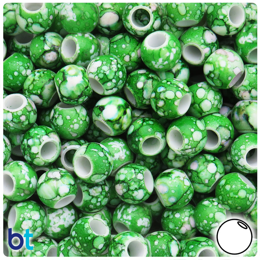 Green Marbled 12mm Round Plastic Pony Beads (75pcs)