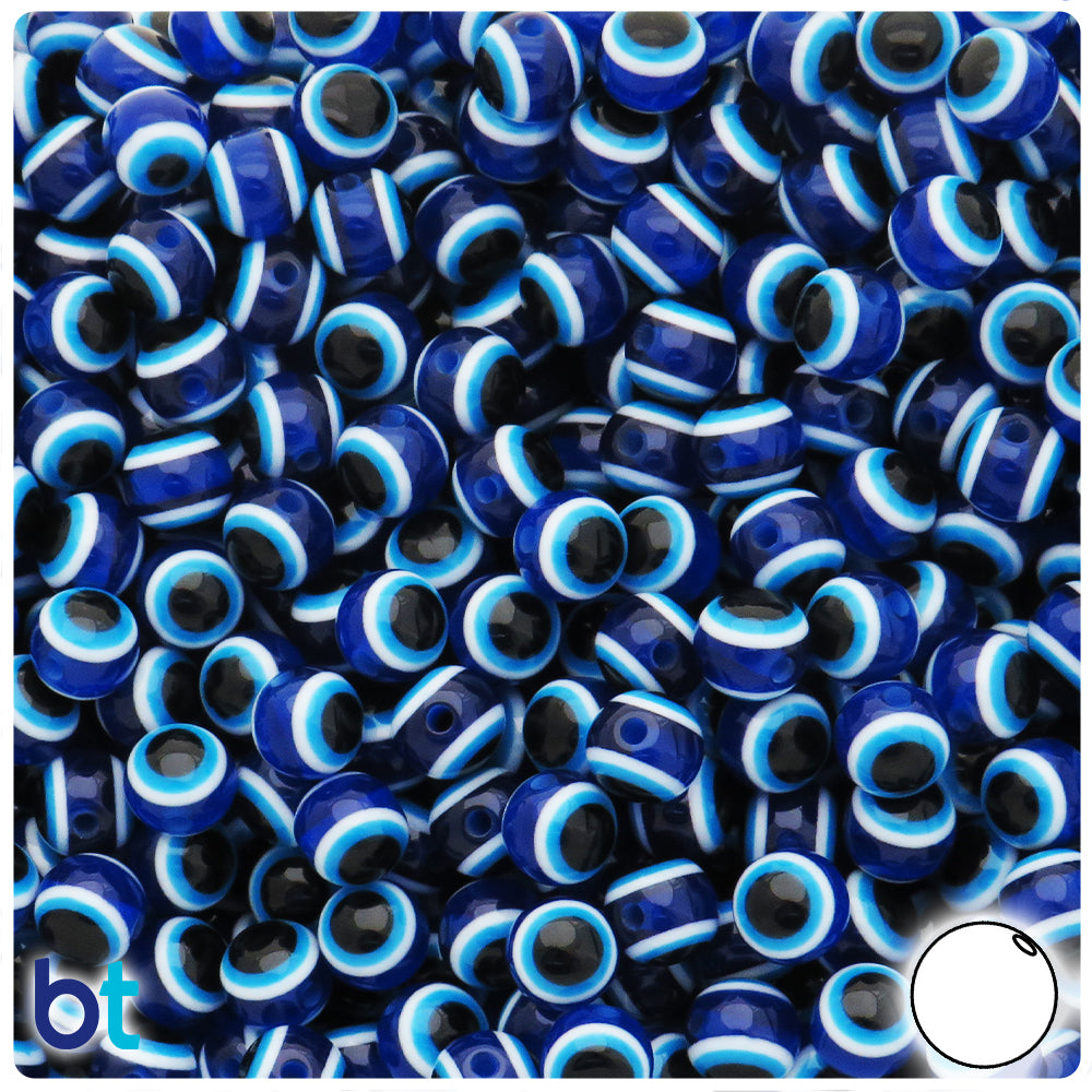 Dark Blue Transparent 8mm Round Resin Beads - Evil Eye Design (120pcs)