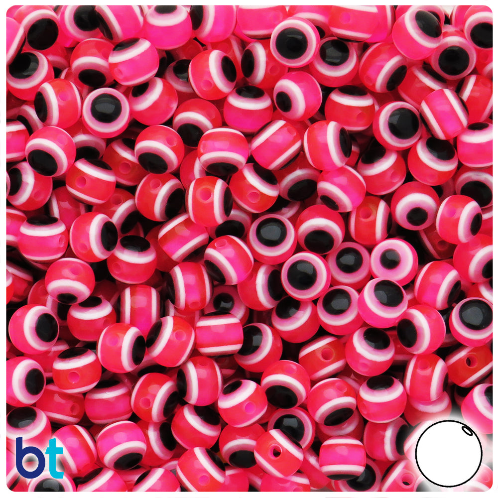 Dark Pink Transparent 8mm Round Resin Beads - Evil Eye Design (120pcs)