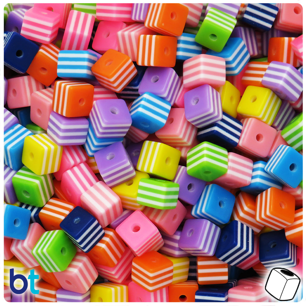 Mixed Opaque 8mm Cube Resin Beads - White Stripes (100pcs)