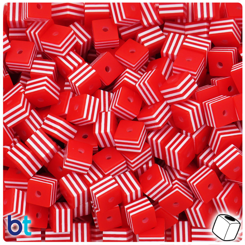 Red Opaque 8mm Cube Resin Beads - White Stripes (100pcs)