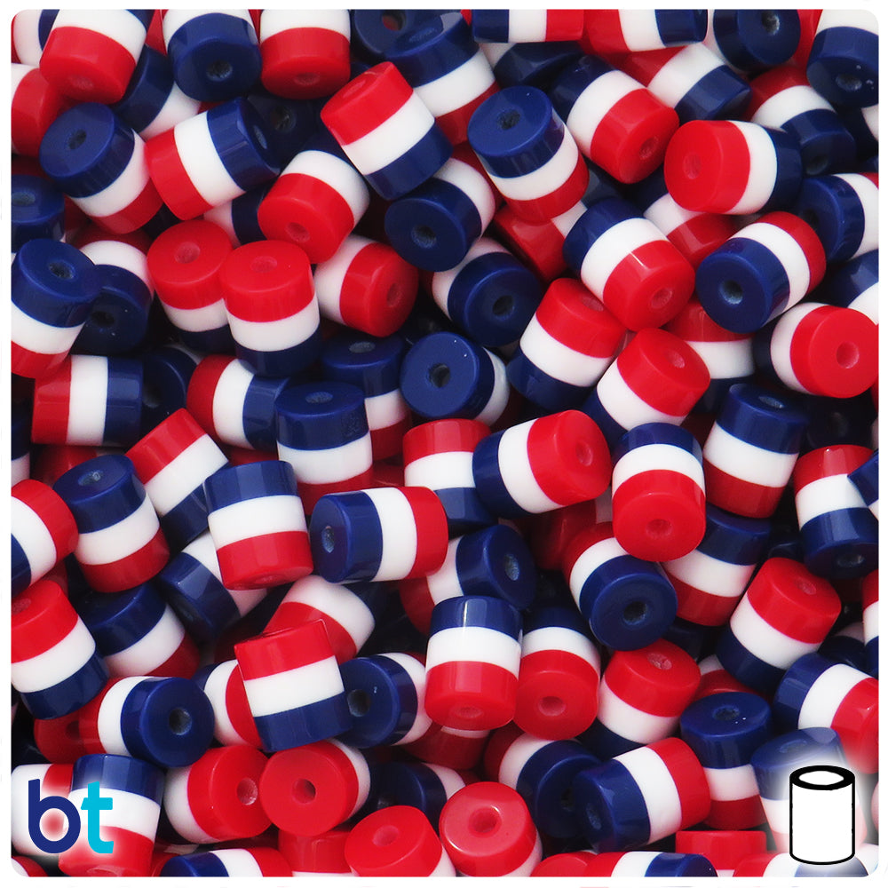 Red, White & Blue Opaque Stripes 9mm Drum Resin Beads (100pcs)