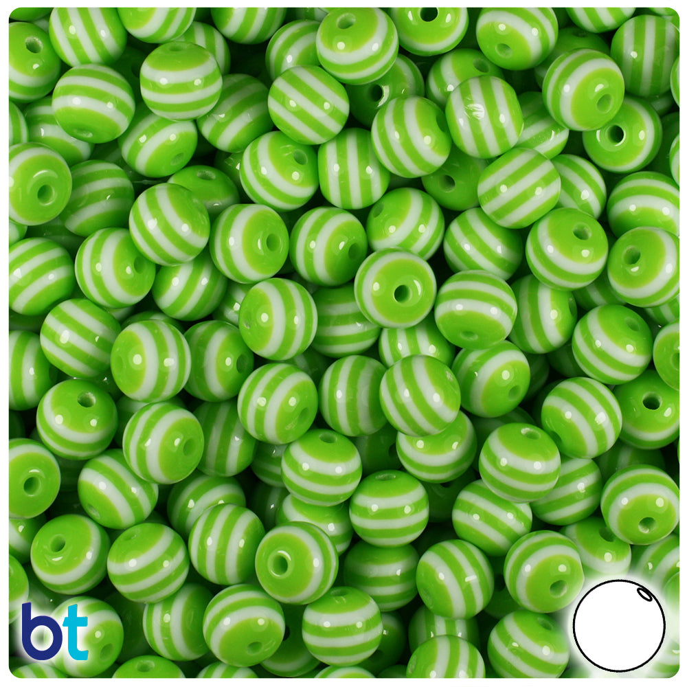 Light Green Opaque 8mm Round Resin Beads - White Stripes (120pcs)