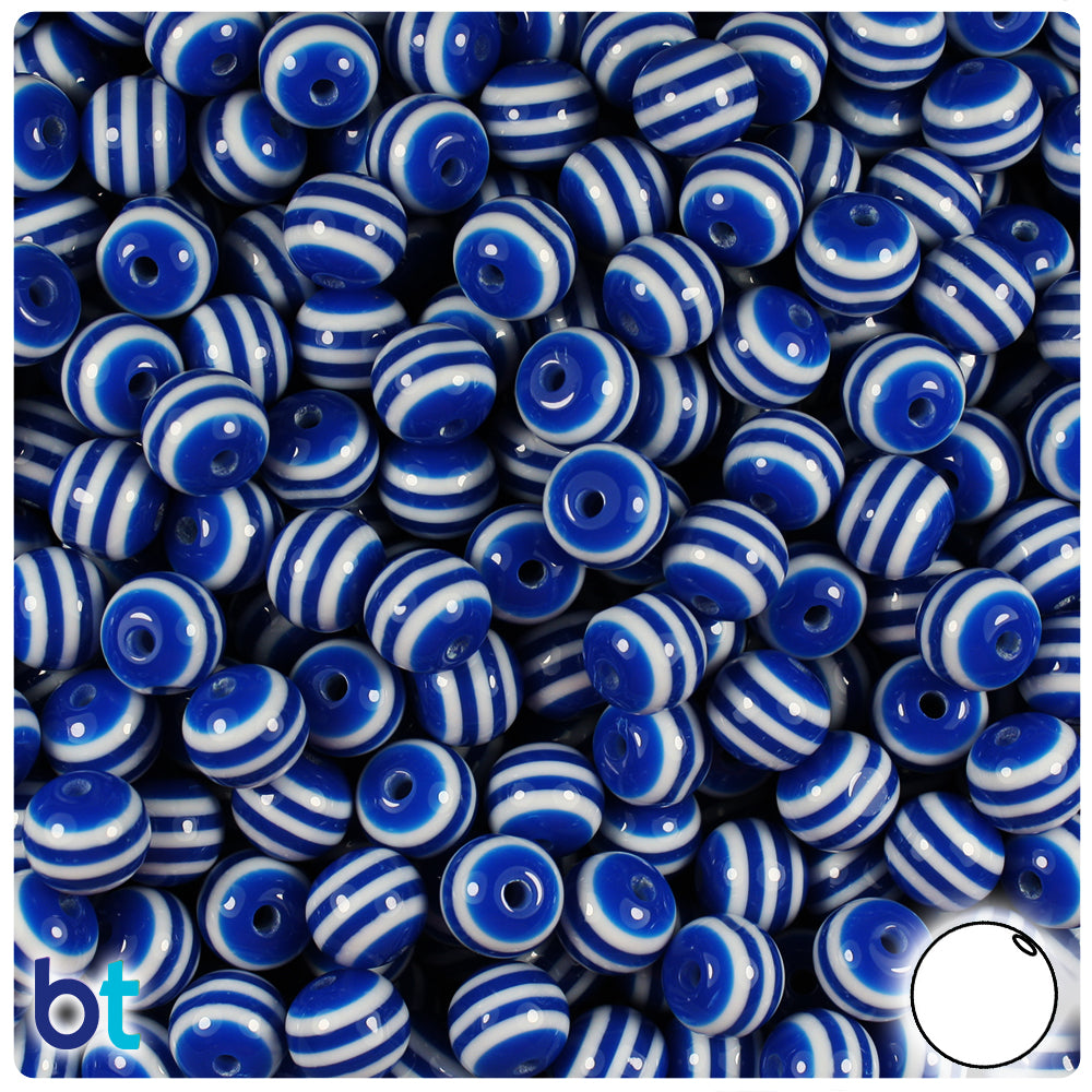 Dark Blue Opaque 8mm Round Resin Beads - White Stripes (120pcs)
