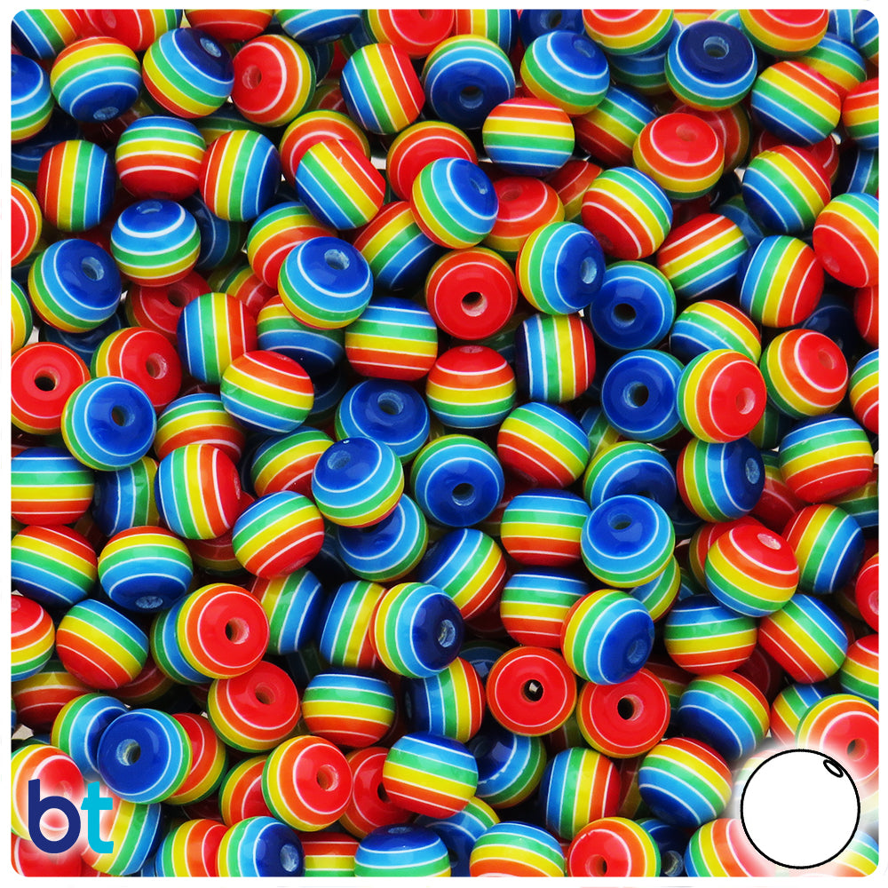 Rainbow Stripe 6mm Round Plastic Acrylic Resin Beads With Opaque