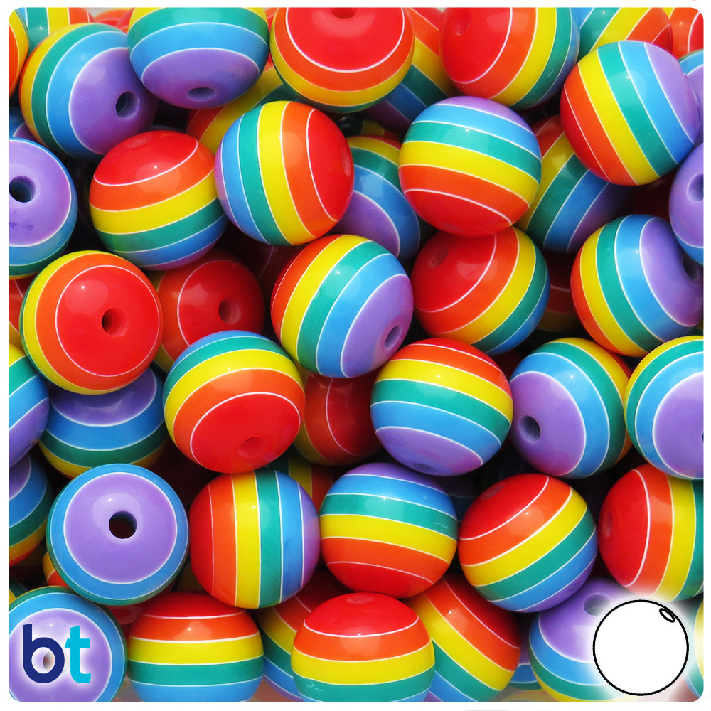 Rainbow Opaque 16mm Round Resin Beads - White Stripes (18pcs)