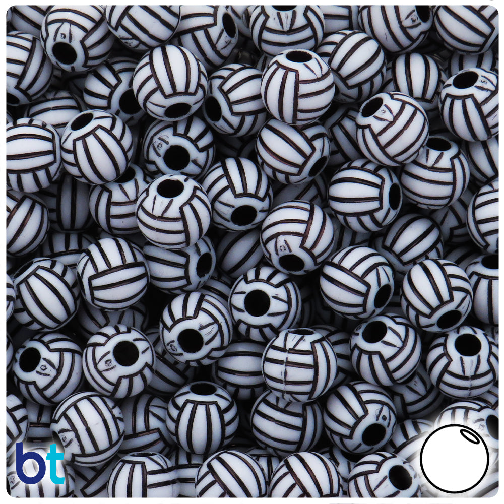 White Opaque 12mm Round Pony Beads - Black Volleyball Design (48pcs)