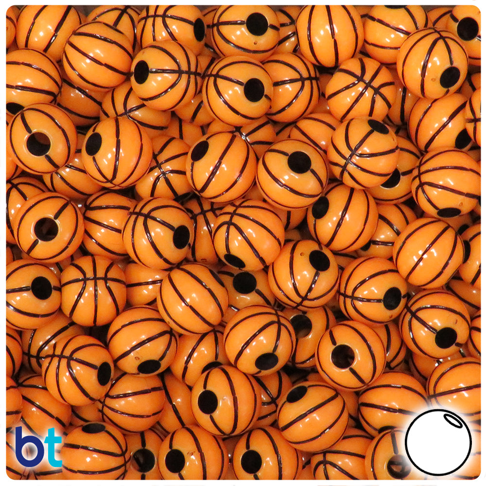 Orange Opaque 12mm Round Pony Beads - Black Basketball Design (48pcs)