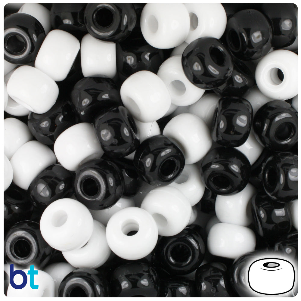 Black & White Opaque 11mm Large Barrel Pony Beads (250pcs)