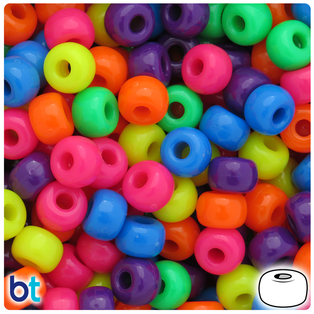 Neon Bright Mix 11mm Large Barrel Pony Beads (250pcs)