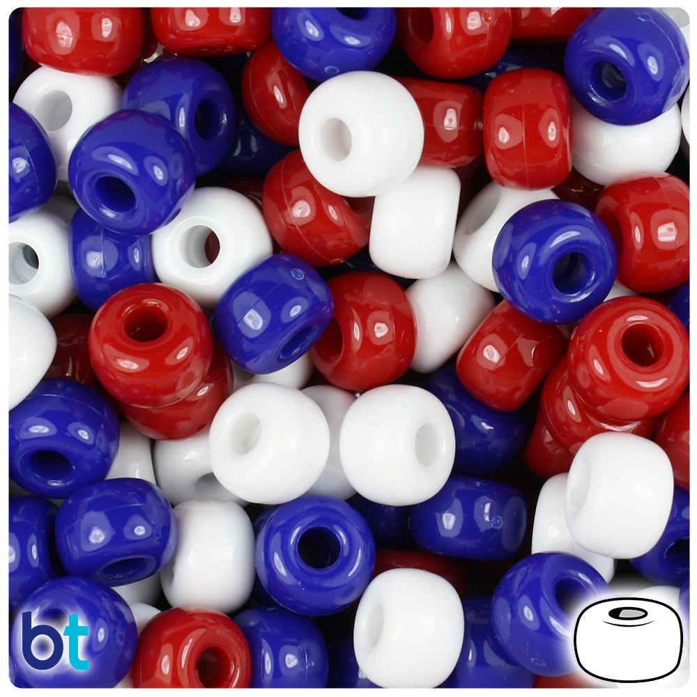 Patriotic Mix Opaque 11mm Large Barrel Pony Beads (250pcs)