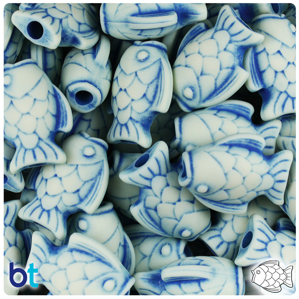 Ivory w/Blue Antique 24mm Fish Pony Beads (24pcs)