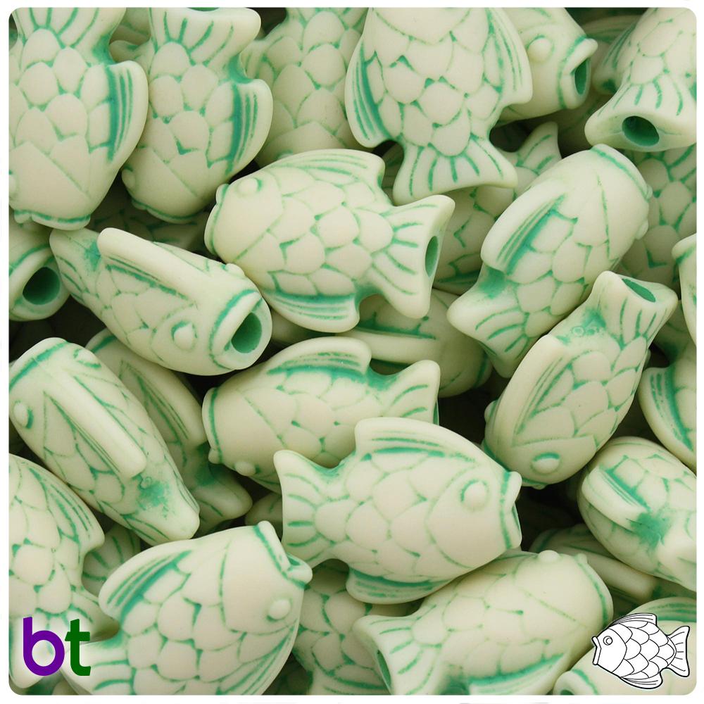 Ivory w/Green Antique 24mm Fish Pony Beads (8pcs)