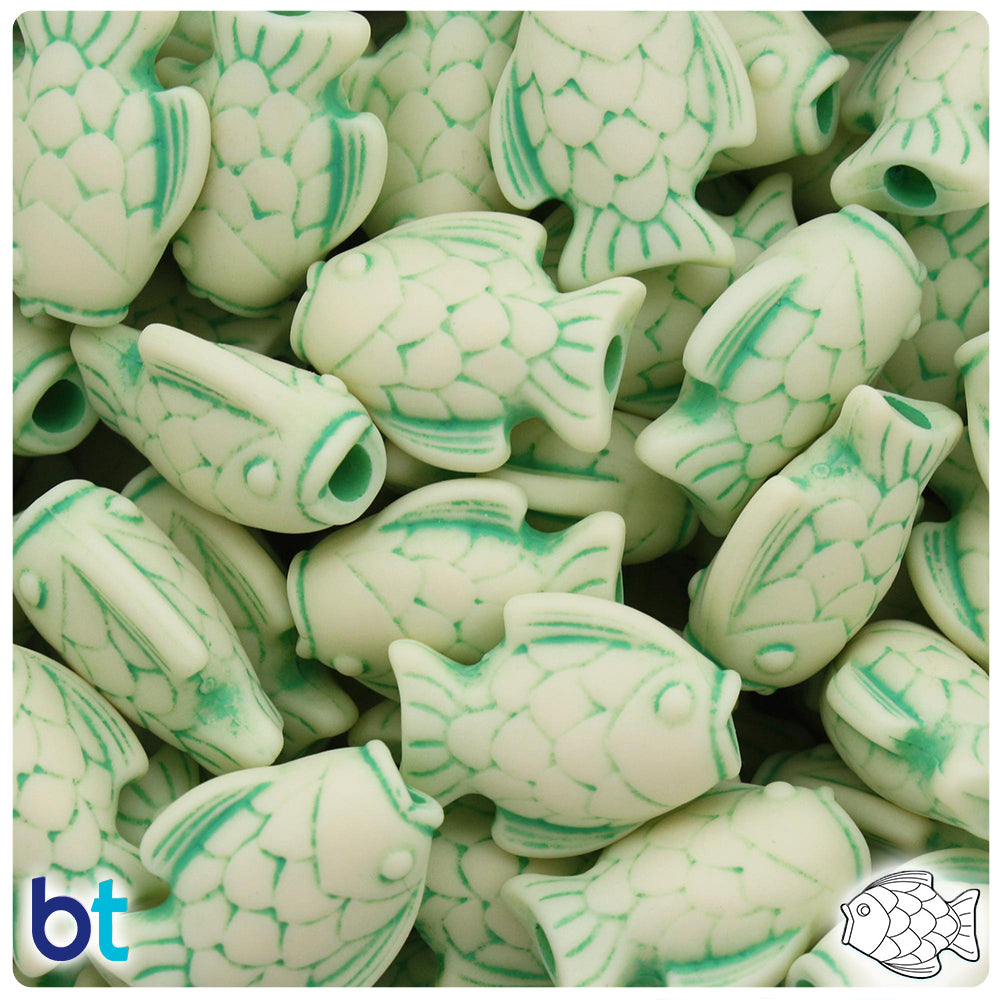 Ivory w/Green Antique 24mm Fish Pony Beads (24pcs)