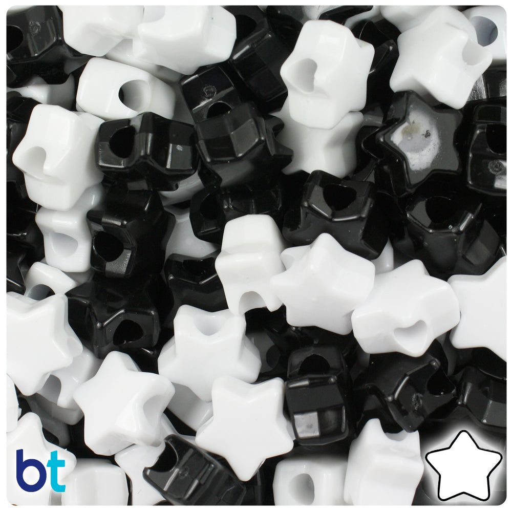 Black & White Opaque Mix 13mm Star Pony Beads (250pcs)