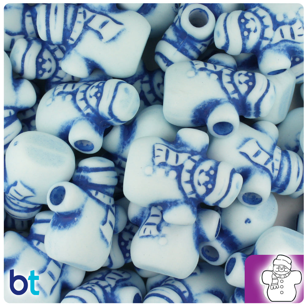 White w/Blue Antique 22mm Snowman Pony Beads (24pcs)