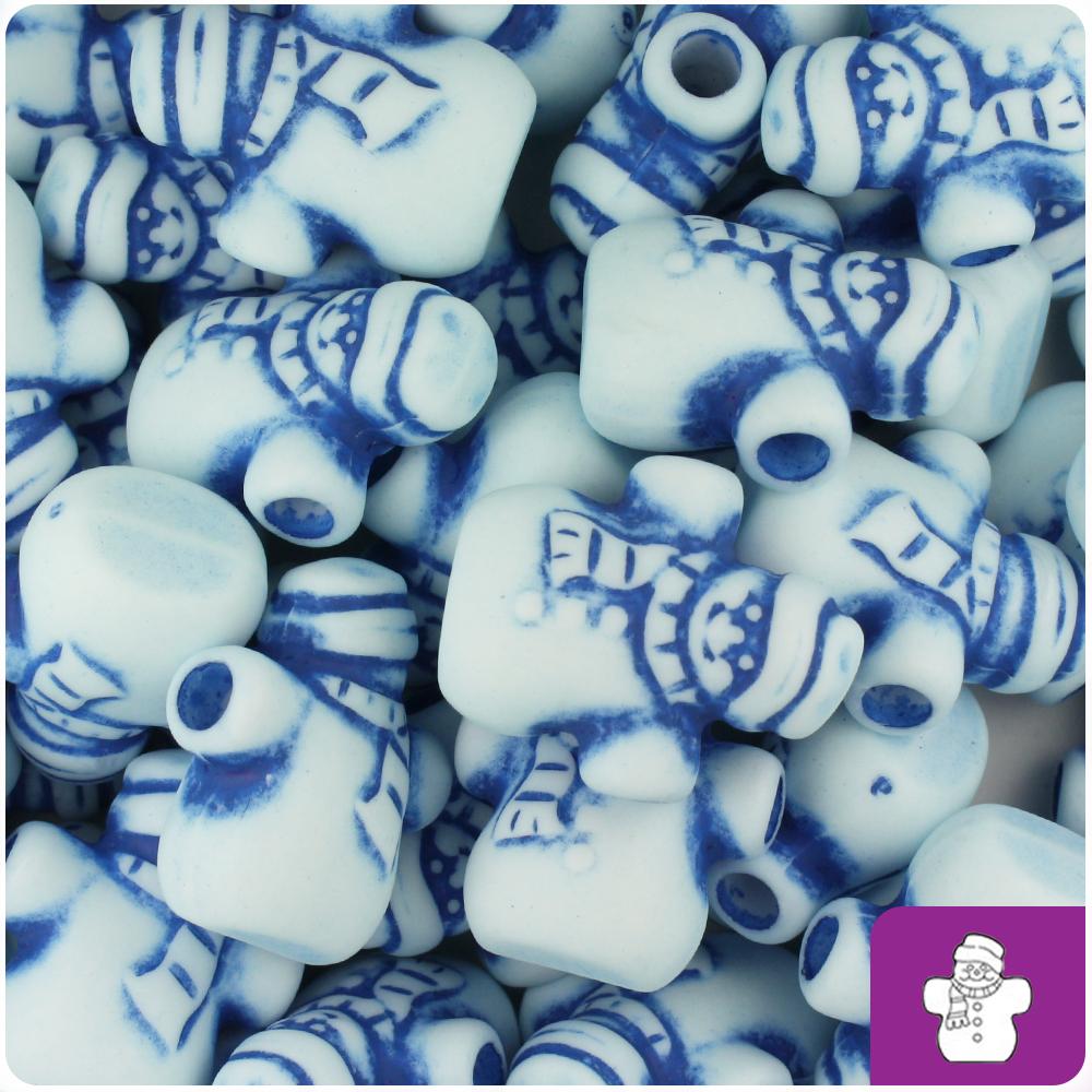 White w/Blue Antique 22mm Snowman Pony Beads (8pcs)