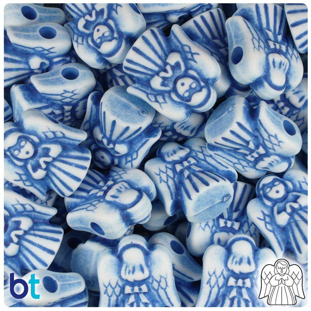 White w/Blue Antique 22mm Angel Pony Beads (24pcs)