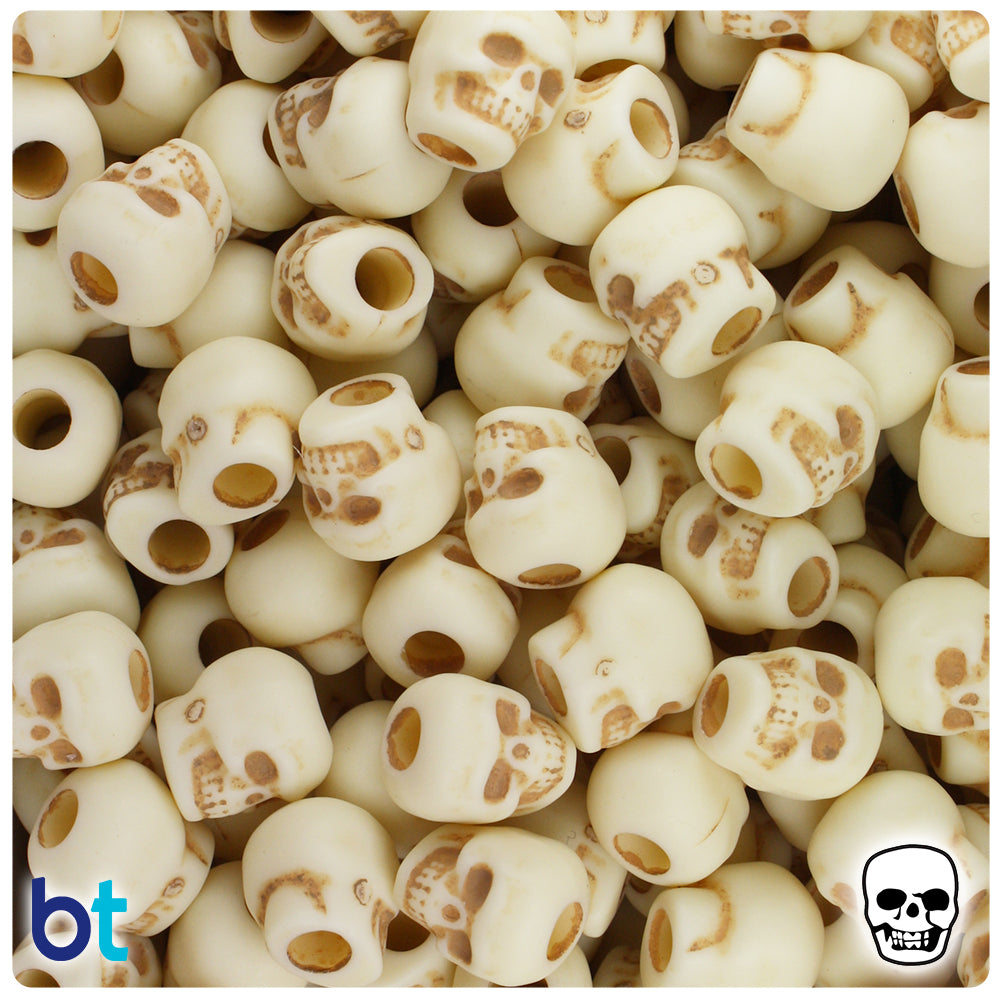 Ivory w/Brown Antique 11mm Skull Pony Beads (150pcs)