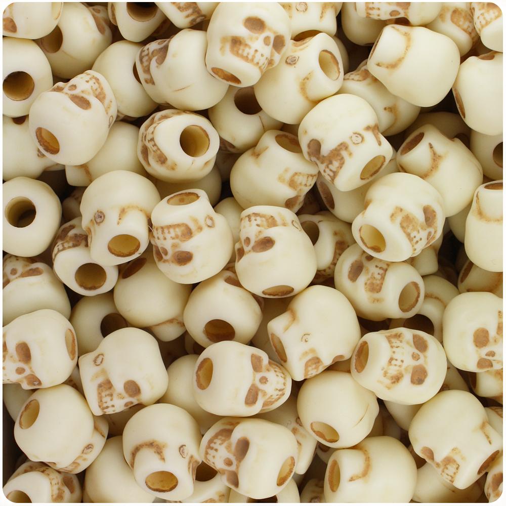 Ivory w/Brown Antique 11mm Skull Pony Beads (30pcs)