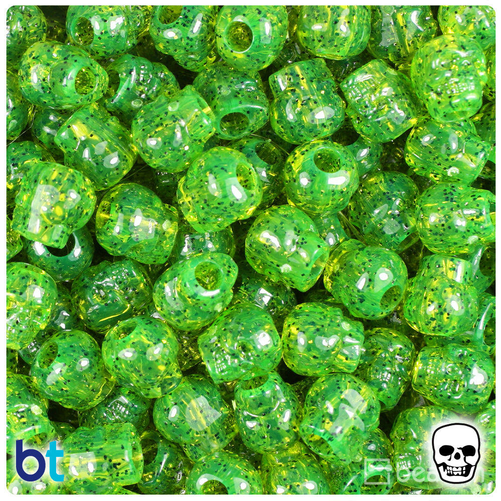 Lime Roe Black Sparkle 11mm Skull Pony Beads (30pcs)