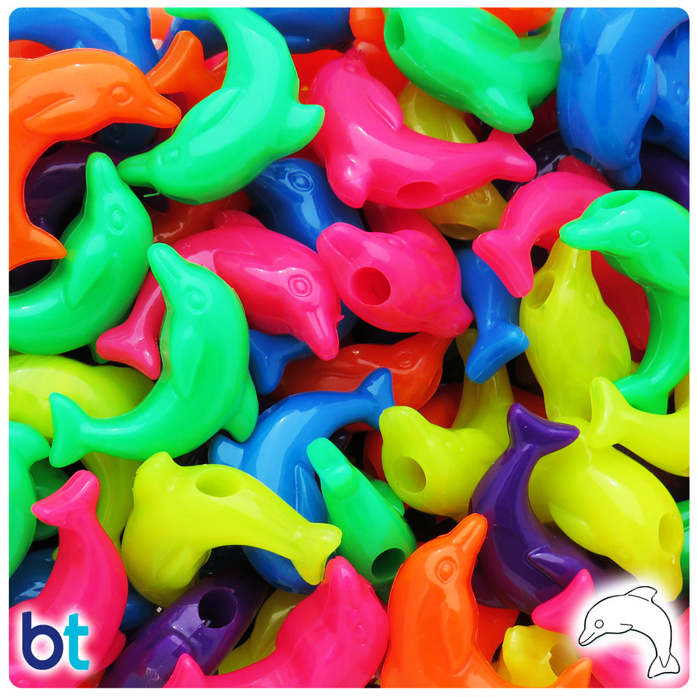 Neon Bright Mix 25mm Dolphin Pony Beads (8pcs)