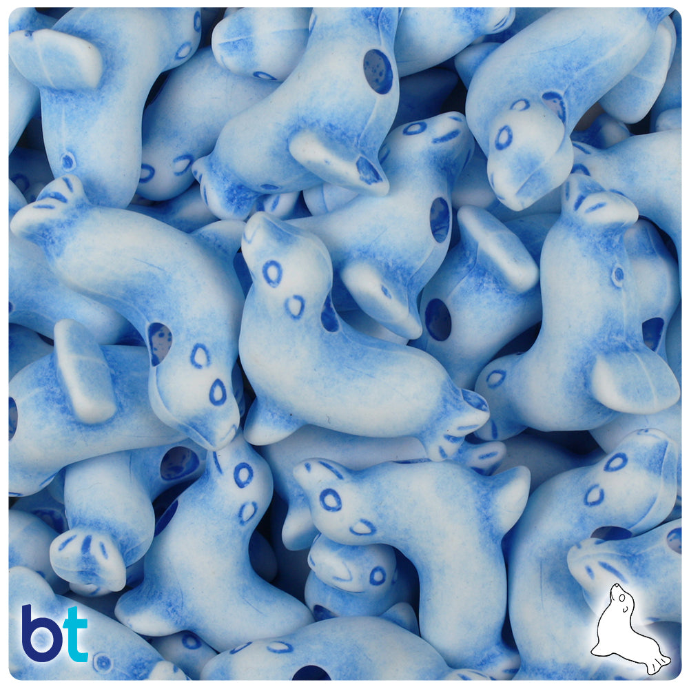 White w/Blue Antique 24mm Seal Pony Beads (24pcs)
