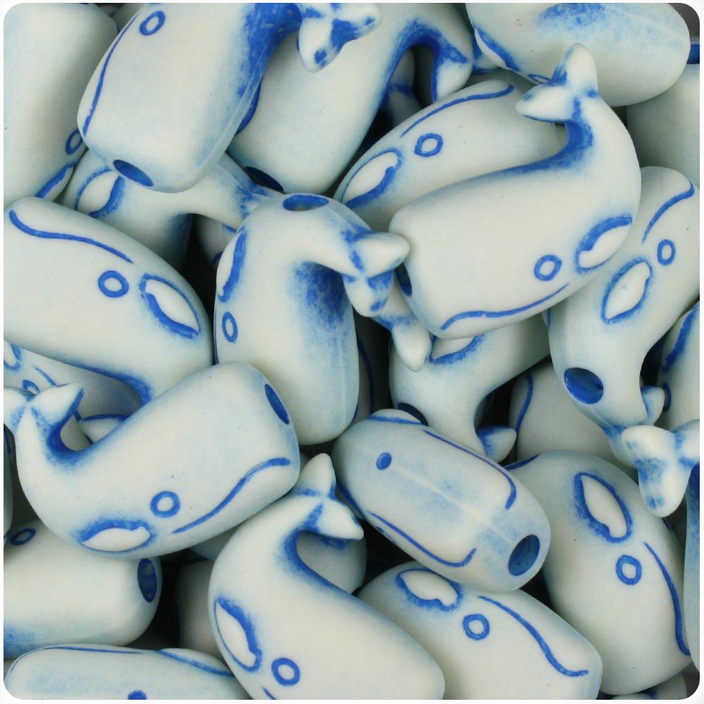 Ivory w/Blue Antique 24mm Whale Pony Beads (8pcs)